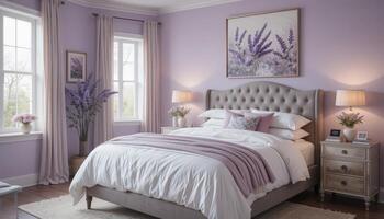 Elegant Lavender Bedroom With Soft Lighting and Floral Decor Creating a Serene Atmosphere photo