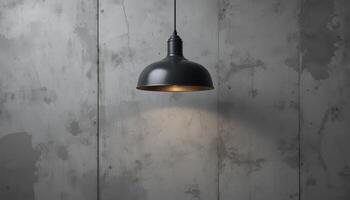 Modern Black Pendant Light Illuminating a Textured Gray Wall in a Minimalist Interior Design Setting photo