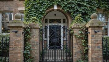 Intricate Wrought Iron Gate Leads to a Charming Ivy-Covered Entrance in a Residential Area photo