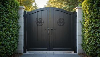 Elegant Black Gate Surrounded by Lush Greenery in a Serene Outdoor Setting During Daylight Hours photo