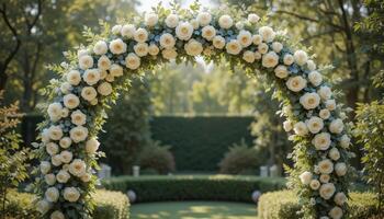 Beautiful Floral Arch Adorned With White Roses in a Serene Garden Setting During Daylight photo