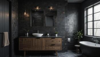 Elegant Modern Bathroom With Dark Tiles and Stylish Wooden Vanity Featuring a Round Sink photo