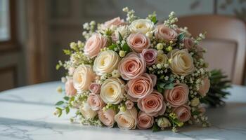 Elegant Rose Bouquet Arranged on a Marble Table in a Softly Lit Room During a Spring Afternoon photo