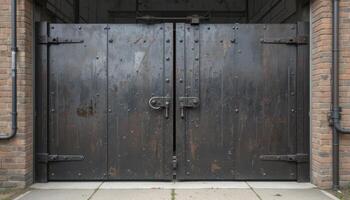 Massive Double Doors With Rivets and a Weathered Finish in an Industrial Setting photo