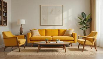 Bright and Modern Living Room Featuring Yellow Sofa and Stylish Decor in a Cozy Setting photo