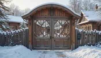Wooden Gate in Snowy Landscape Leads to Cozy Cabins Surrounded by Trees photo
