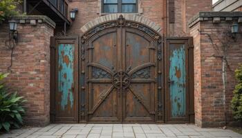 Rustic Iron and Wood Gates in a Charming Brick Wall Setting With Vibrant Green Foliage photo