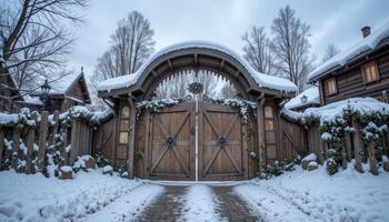 Rustic Wooden Gate Covered in Snow With Charming Cabins in a Winter Landscape photo