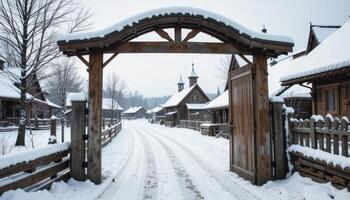 Winter Landscape of a Snow-Covered Village With Wooden Architecture and Tranquil Paths photo