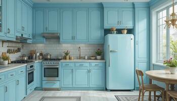 Bright and Inviting Modern Kitchen With Blue Cabinets and Fresh Decor Creating a Cheerful Cooking Space photo