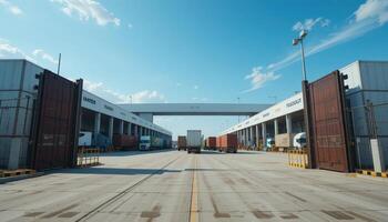 Busy Transportation Hub With Trucks and Shipping Containers Under a Bright Blue Sky photo