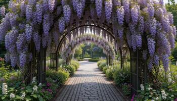 Beautiful Garden Pathway Adorned With Blooming Wisteria in a Serene Outdoor Setting photo