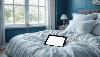 Cozy Bedroom With Tablet Resting on Fluffy Bedspread Beside Window in Soft Morning Light photo