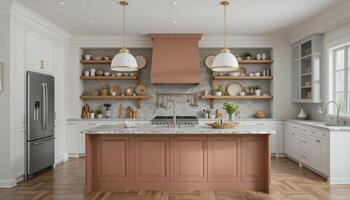 Modern Kitchen Design With Open Shelving and Stylish Decor in a Spacious Interior photo