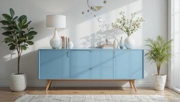 Stylish Blue Sideboard Adorned With Vases and Plants in a Modern Living Room Setting photo