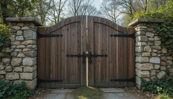 Enchanted Wooden Gates Flanked by Stone Pillars in a Serene Garden Setting During Daylight Hours photo