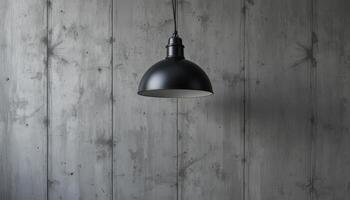 Modern Black Pendant Light Hanging in an Industrial-Style Room With a Concrete Wall Backdrop photo