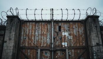 Old Industrial Gate With Rusty Metal and Barbed Wire in a Desolate Urban Area on a Cloudy Day photo