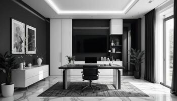 Modern Minimalist Office Design in a Sleek Black and White Color Scheme With Elegant Furnishings photo