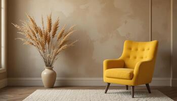 Stylish Yellow Armchair With Decorative Vase of Dry Plants in a Cozy Interior Setting photo