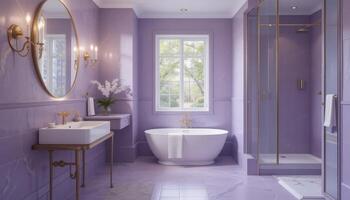 Elegant Purple Bathroom Design Featuring Soaking Tub and Modern Shower in a Serene Setting photo