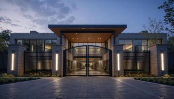 Modern Architectural Entrance at Dusk With Intricate Gate and Welcoming Light Features photo