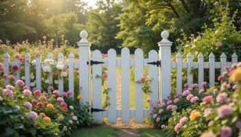 Beautiful Garden Gate Surrounded by Colorful Flowers in a Serene, Sunlit Setting photo