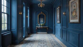 Elegant Blue Hallway With Vintage Decor and Soft Natural Light in a Classic Home Setting photo