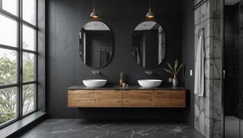 Modern Bathroom With Dual Sinks and Elegant Design Featuring Dark Walls and Marble Accents photo