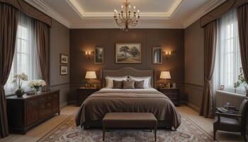 Elegant Brown-Themed Bedroom With Art and Classic Decor in a Spacious Interior Setting photo