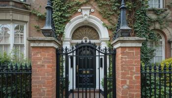 Elegant Black Wrought Iron Gate Leading to a Charming Entrance Surrounded by Lush Greenery photo