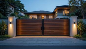 Modern Entrance Gate Illuminated at Night in a Residential Neighborhood With Contemporary Architecture photo