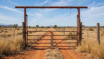 Metal Gate Opens to a Dusty Road in a Vast Desert Landscape Under a Clear Blue Sky photo