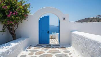 Beautiful Blue Door Framed by Vibrant Flowers With a Scenic Sea View in a Sunny, Serene Location photo