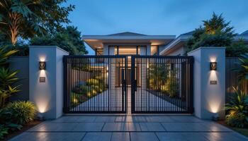 Modern Entrance to a Luxury Home at Dusk Showcasing Elegant Design and Lush Landscaping photo