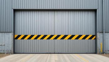 Large Industrial Metal Sliding Door With Safety Markings in an Urban Setting During Daylight Hours photo