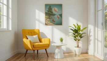 Cozy Corner in a Bright Room With a Stylish Chair and Artwork Depicting Nature Scenery photo