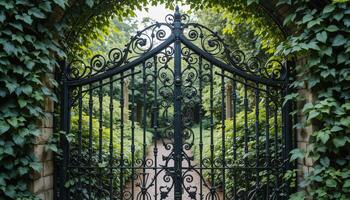 Ornate Iron Gate Surrounded by Lush Greenery in a Serene Garden Setting During Daytime photo