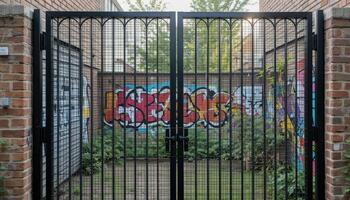 Vibrant Graffiti Adorns a Hidden Courtyard Behind a Black Metal Gate in an Urban Setting photo