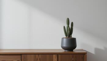 Modern Indoor Decor Features a Cactus in a Stylish Pot on a Wooden Cabinet in Natural Light photo
