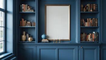Stylish Interior With Deep Blue Walls and Organized Bookshelves Creating a Calm and Elegant Atmosphere photo
