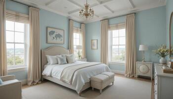 Elegant Bedroom Interior With Blue Walls, Large Windows, and a Cozy Atmosphere in a Modern Home photo