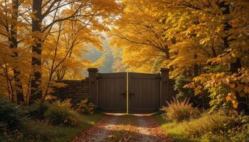 Beautiful Autumn Scene With Vibrant Yellow Leaves Framing a Wooden Gate in a Serene Forest Setting photo