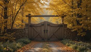 Wooden Gate in a Serene Autumn Landscape With Vibrant Foliage and a Tranquil Path photo