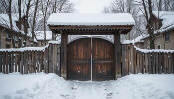 Winter Entrance to a Secluded Cabin Retreat Surrounded by Snow-Covered Trees photo