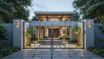 Modern Architectural Design of a Spacious Home With a Lush Entrance at Dusk photo