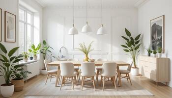 Bright and Airy Dining Room With Natural Elements and Modern Decor for a Stylish Gathering Space photo