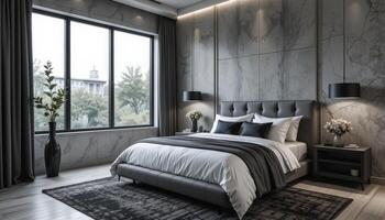 Modern Bedroom Design Featuring Marble Walls and Large Windows Overlooking a Scenic View photo