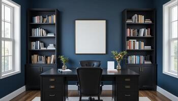 Modern Home Office With Dark Blue Walls and Minimalist Furniture for Enhanced Productivity and Focus photo