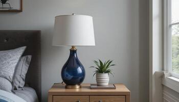 Modern Bedside Arrangement With a Navy Lamp and a Potted Plant photo